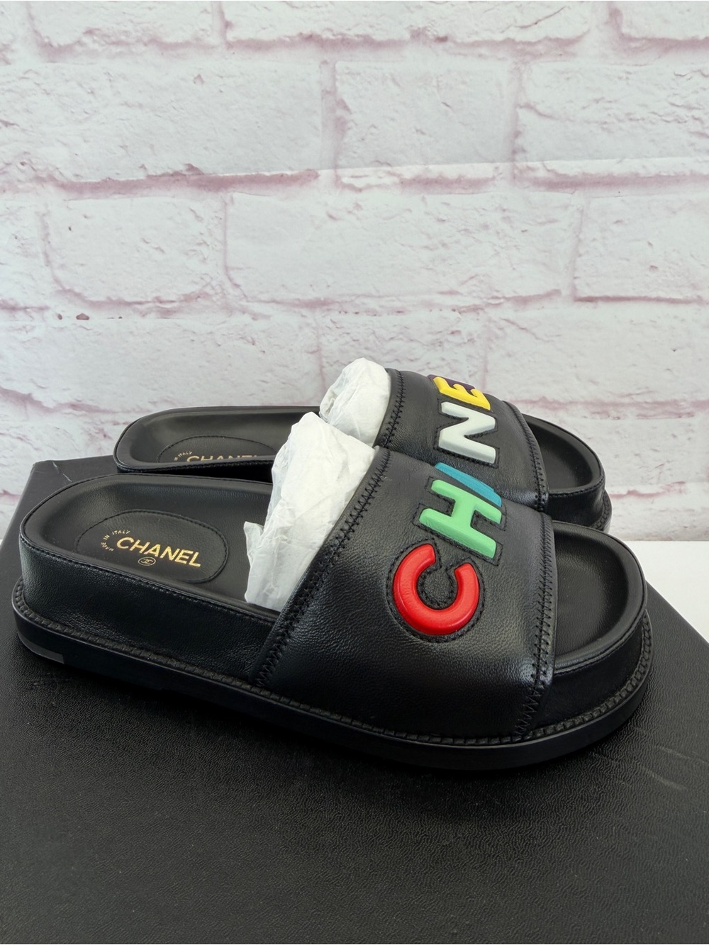 CHANEL Cha-Nel Black Multicolor Size EU 36 Sandals NIB